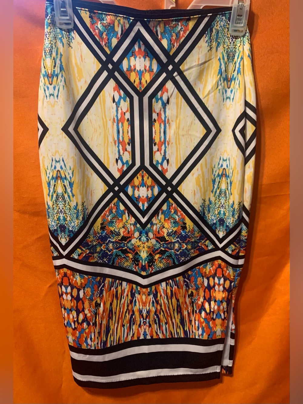 Bisou Bisou Yellow Multicolor Geometric Pencil Skirt